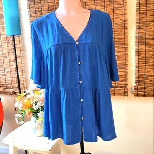 💚 Tiered Flare Button Front Short Sleeve Blouse